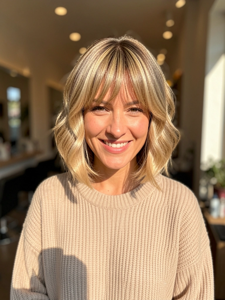 Mulher de cabelo loiro dourado curto com ondas suaves e franja, usando suéter bege, sorrindo em salão minimalista com luz natural e bokeh ao fundo.