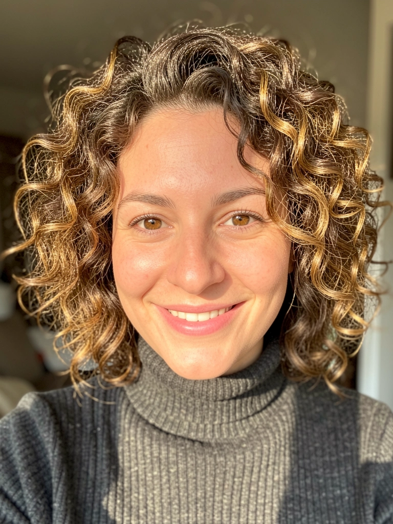 Mulher com cabelo cacheado castanho claro em corte bixie, sorriso espontâneo e luz natural sobre fundo levemente desfocado.