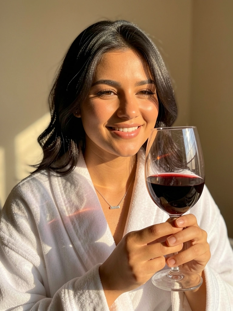 Mulher de roupão branco e colar de prata segurando taça de vinho tinto, sorriso genuíno, luz solar suave e fundo bege desfocado.