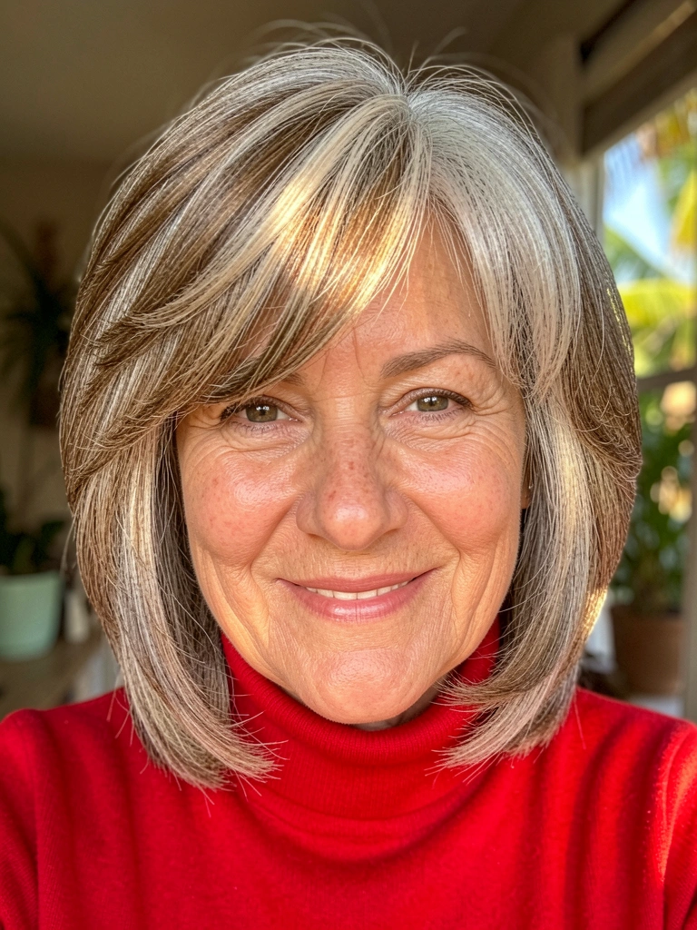 Retrato de mulher madura com cabelo prateado e bege em corte bob em camadas, franja suave, sorriso genuíno, suéter vermelho, luz difusa e fundo desfocado.