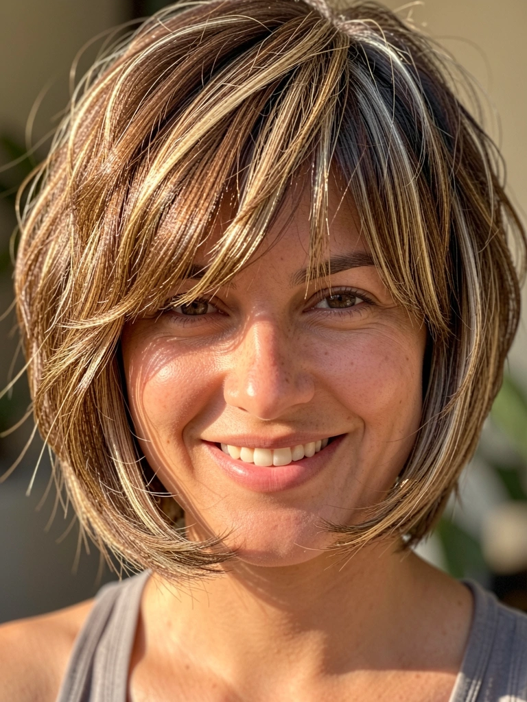 Close-up de mulher com cabelo curto texturizado em camadas, franjas emoldurando o rosto, fios castanhos com reflexos loiros sob luz natural suave.