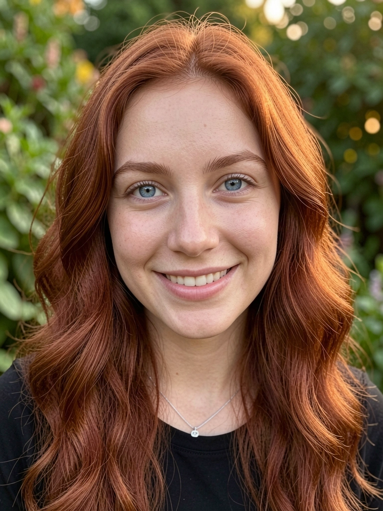 Jovem com cabelo ruivo ondulado e olhos azuis, sorriso natural, colar de prata, luz suave e fundo verde desfocado.