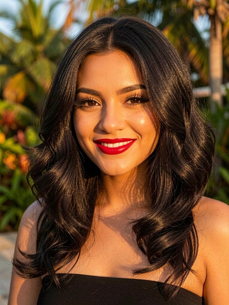 Mulher com cabelo curto ondulado e batom vermelho, iluminada por luz dourada, fundo tropical desfocado.