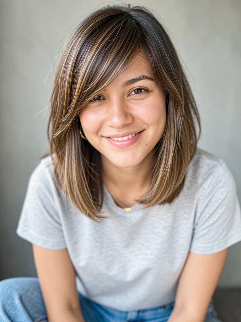 Mulher de cabelo castanho texturizado com franja lateral, sorrindo, usando camiseta cinza e colar dourado, fundo neutro desfocado.