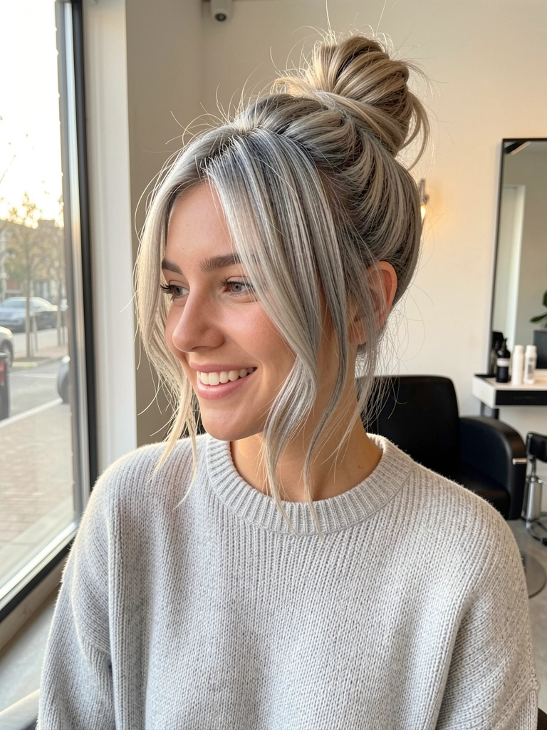 Jovem com cabelo curto platinado em coque despojado, usando suéter cinza oversized, luz natural suave de janela em salão minimalista.