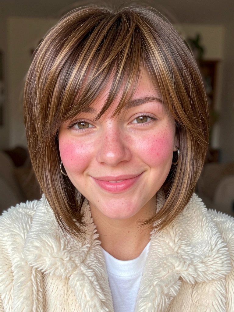 Jovem com cabelo castanho em bob texturizado, jaqueta de pele creme e sorriso, luz natural difusa.