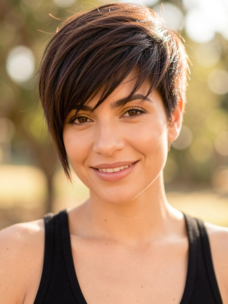 Mulher de cabelo curto assimétrico, bangs definidos, pele iluminada por luz natural, fundo desfocado com bokeh.