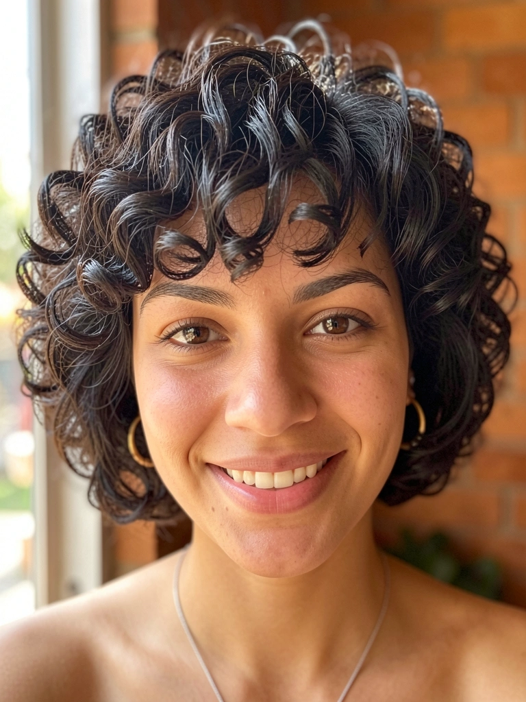 Jovem com micro bob cacheado escuro, sorriso espontâneo, brincos de argola dourados e luz natural difusa.