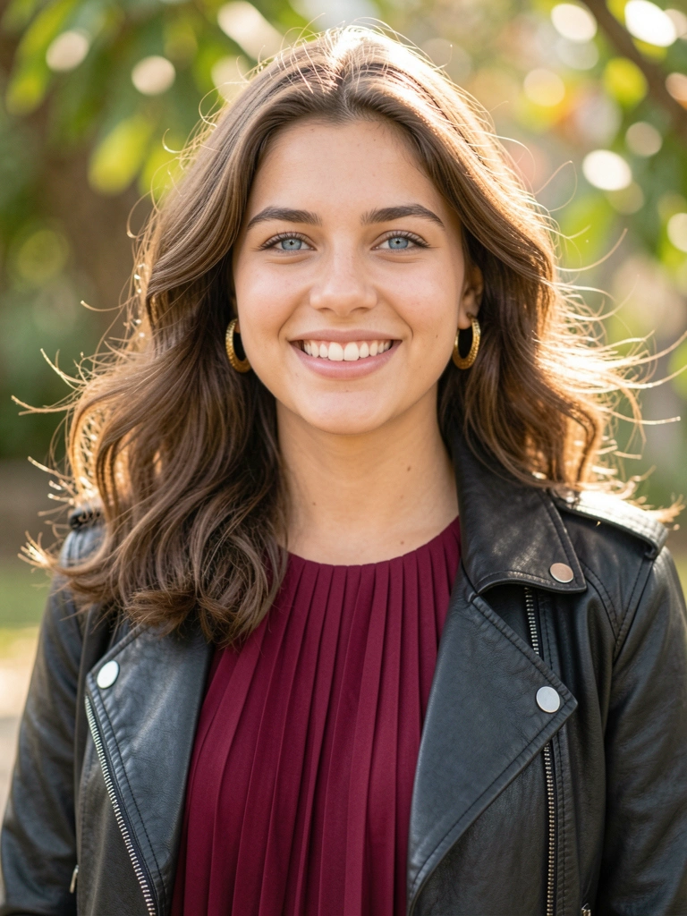 Moça de cabelo curto cacheado, vestido vinho e jaqueta de couro preta, sorrindo sob luz natural suave.