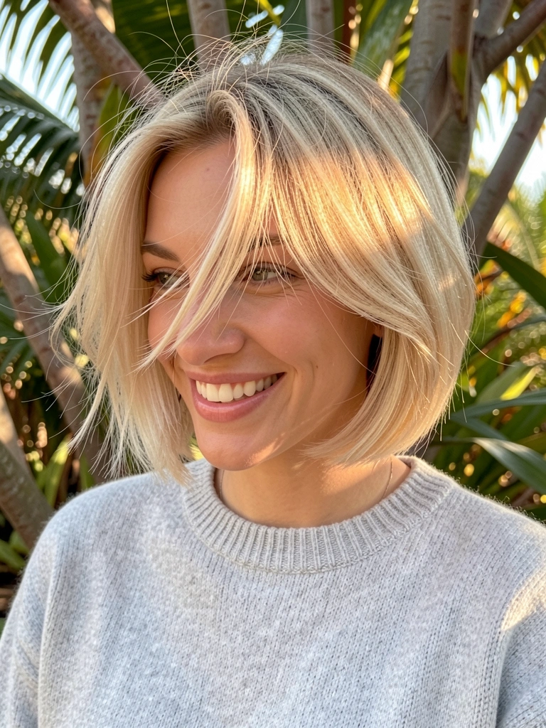 Bob clássico na altura do maxilar, cabelo loiro levemente ondulado, suéter cinza claro, luz natural filtrada por folhagens, sorriso espontâneo.