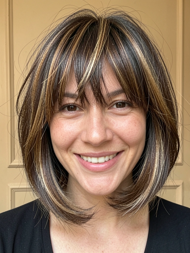 Close-up de mulher com cabelo bob texturizado, mechas carameladas e bege, sorriso natural, luz difusa e fundo bege com moldura decorativa.