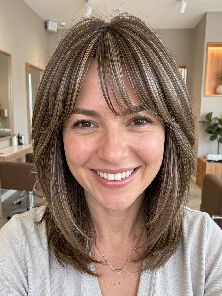 Mulher com cabelo castanho em camadas e franja, sorriso genuíno, colar dourado, luz suave e fundo neutro de salão moderno.