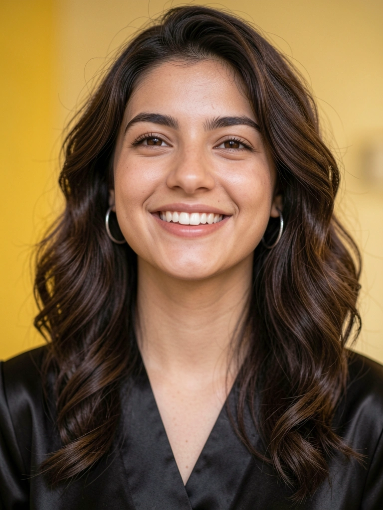 Jovem com cabelo ondulado castanho escuro, vestido preto de cetim e brincos de prata, luz suave difusa.