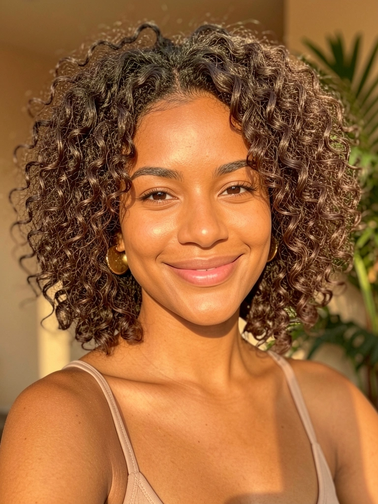 Mulher com cabelo cacheado volumoso, bob texturizado, brincos dourados e sorriso genuíno, luz natural com fundo desfocado e planta tropical.