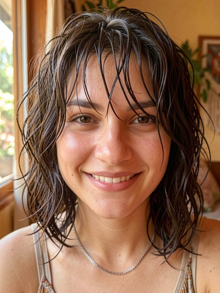 Moça de cabelo bob molhado e franja, sorrindo com colar de prata, luz natural suave em fundo desfocado.