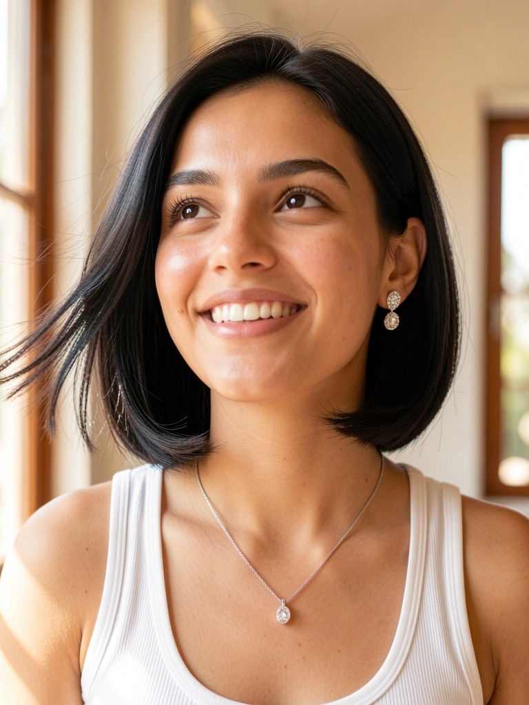 Mulher de cabelo bob preto e brincos de prata, sorrindo com luz natural.