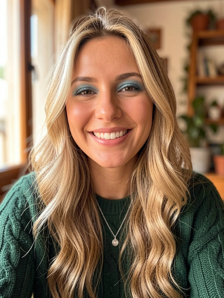 Mulher de cabelo loiro ondulado e sorriso genuíno, suéter verde escuro e colar de prata, luz natural difusa ao fundo