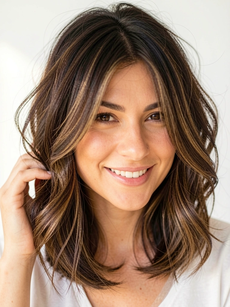 Mulher com cabelo bob castanho escuro levemente ondulado, mão tocando os fios perto da bochecha, sorriso genuíno, luz natural difusa.