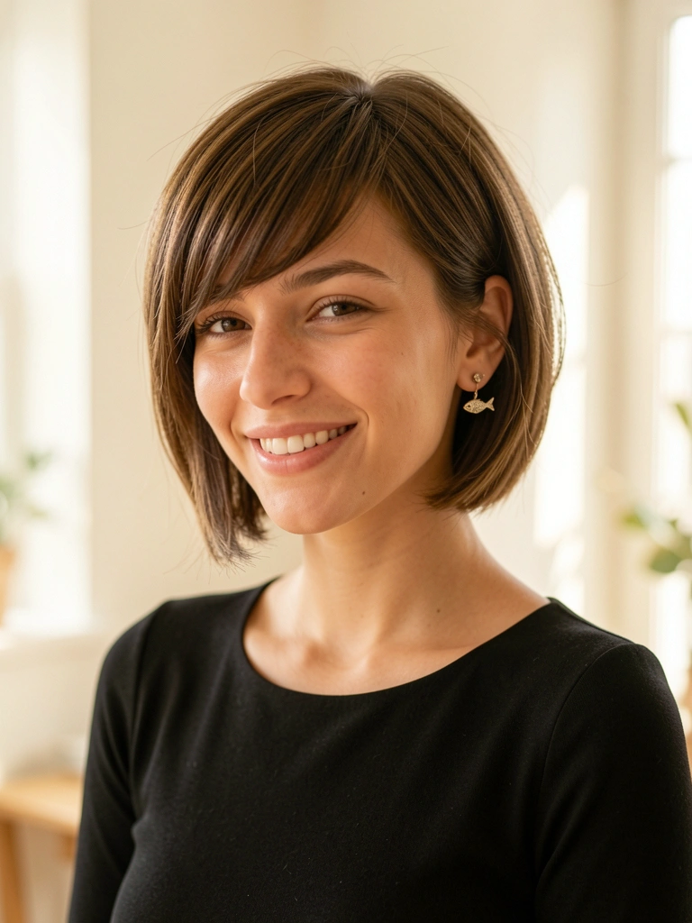 Jovem sorrindo com cabelo bob castanho e franja lateral, vestido preto justo, brinco de peixe decorativo, luz natural suave.