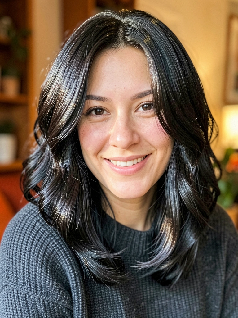 Mulher de cabelo castanho ondulado em bob moderno, mechas iluminadas e suéter cinza em close com sorriso caloroso.