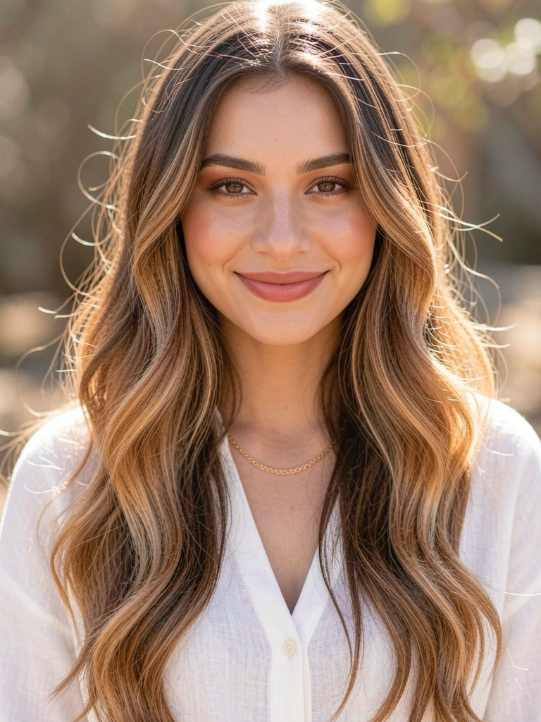 Mulher com cabelo bob ondulado, mechas loiras, sorriso genuíno, luz natural suave ao ar livre.