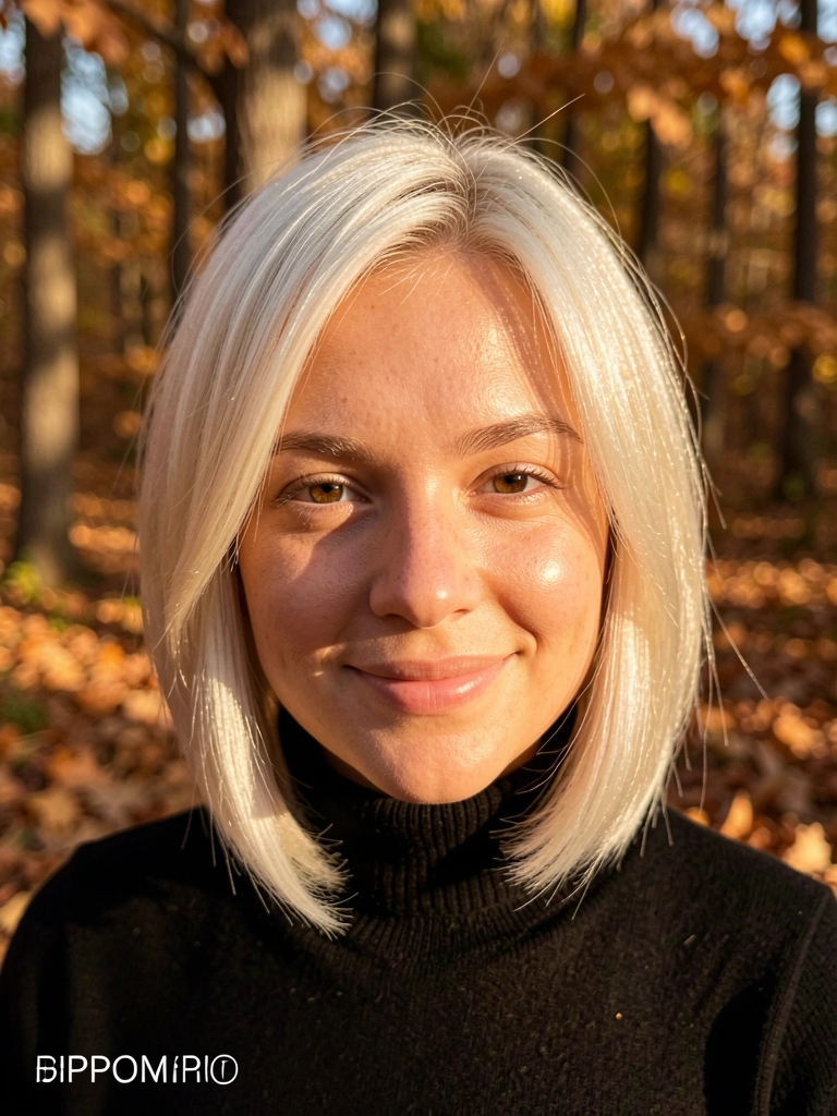 Platinum blonde bob em mulher de suéter preto, olhar direto com sorriso genuíno, floresta outonal desfocada com luz difusa quente.