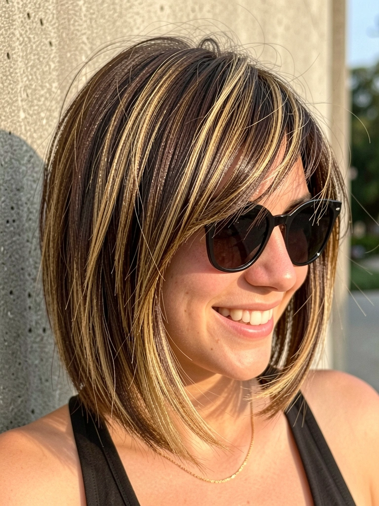 Jovem de cabelo bob francês com franja lateral, mechas loiras e textura levemente bagunçada, usando óculos escuros e colar dourado em fundo de parede de concreto com luz natural.