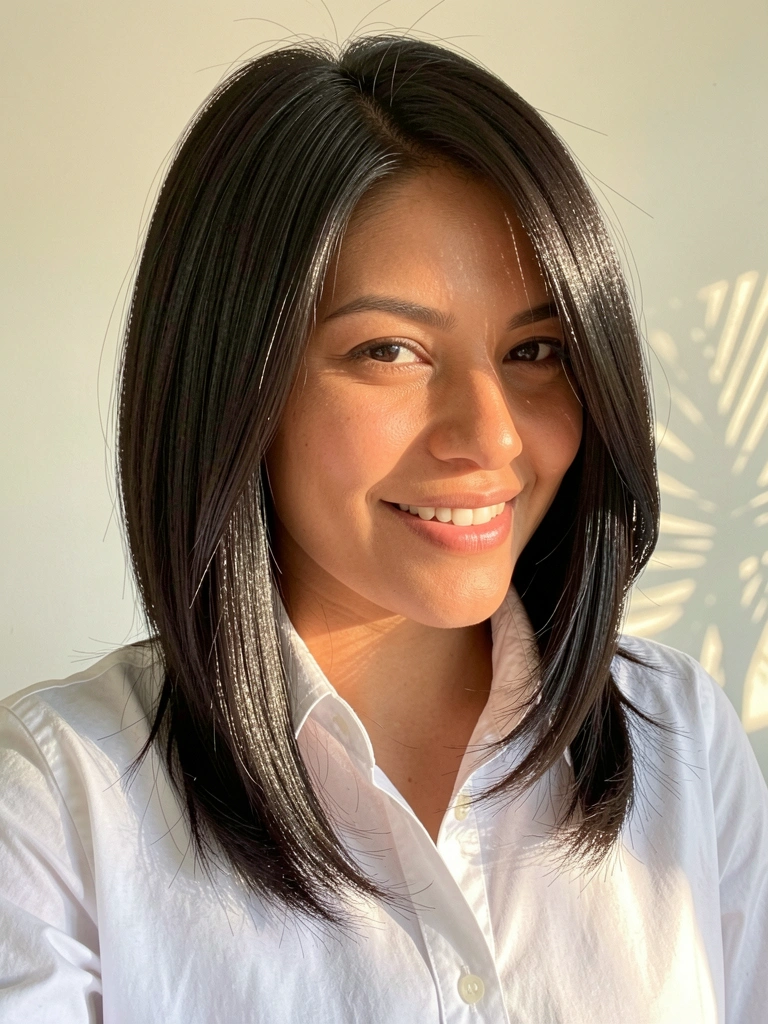 Mulher de cabelo preto em bob assimétrico e camisa branca, sorriso aberto sob luz natural suave.