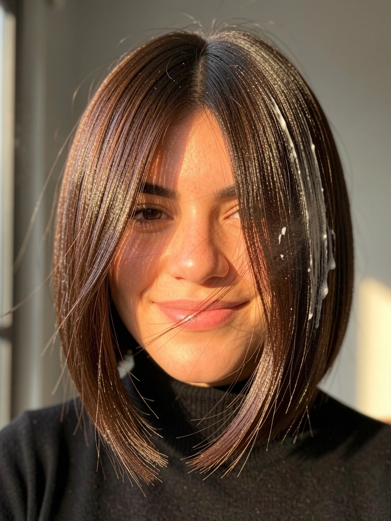 Jovem com cabelo castanho escuro em bob reto, blusa preta de gola alta e sorriso sutil, luz natural difusa destacando o brilho e textura dos fios.
