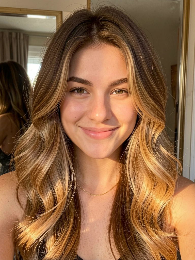 Jovem com cabelos ondulados caramelos e loiros, corte borboleta assimétrico, sorriso genuíno sob luz natural difusa.