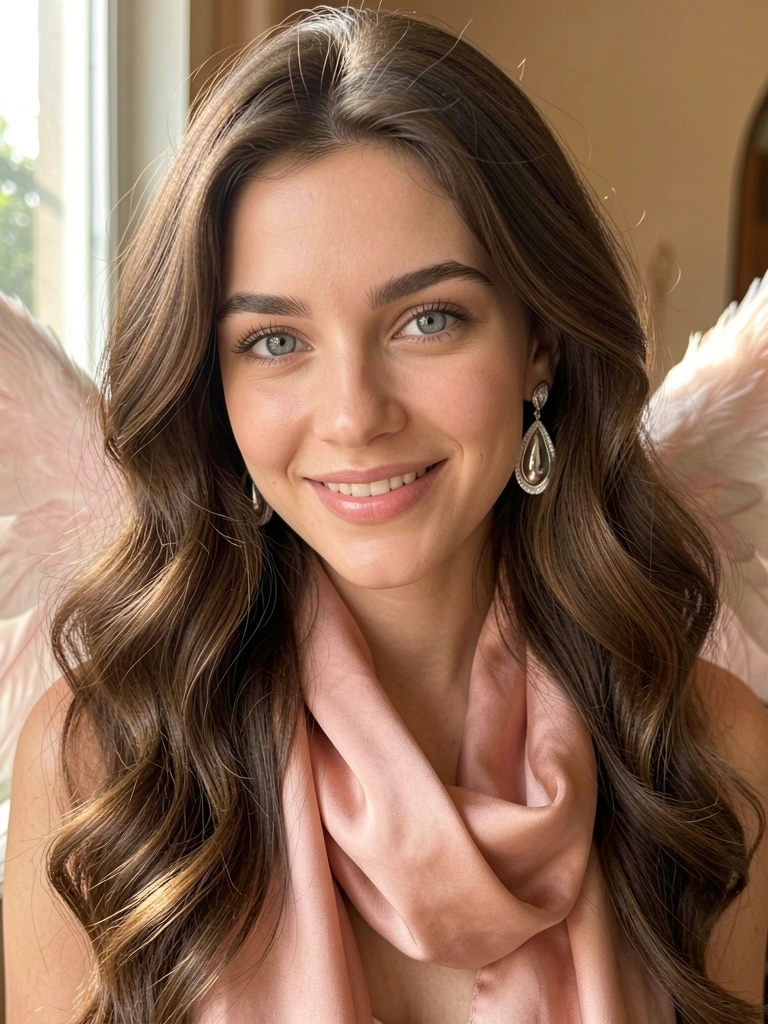 Jovem com cabelos ondulados e lenço blush drapeado como asas, brincos de gota prateados e luz natural difusa.