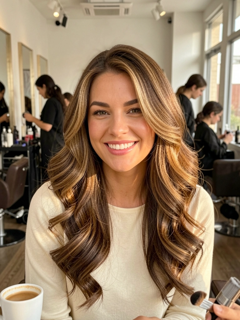 Luz natural incide sobre cabelos castanhos com mechas caramelizadas e corte borboleta, mulher de blusa creme sorri em salão com xícara de café ao lado.