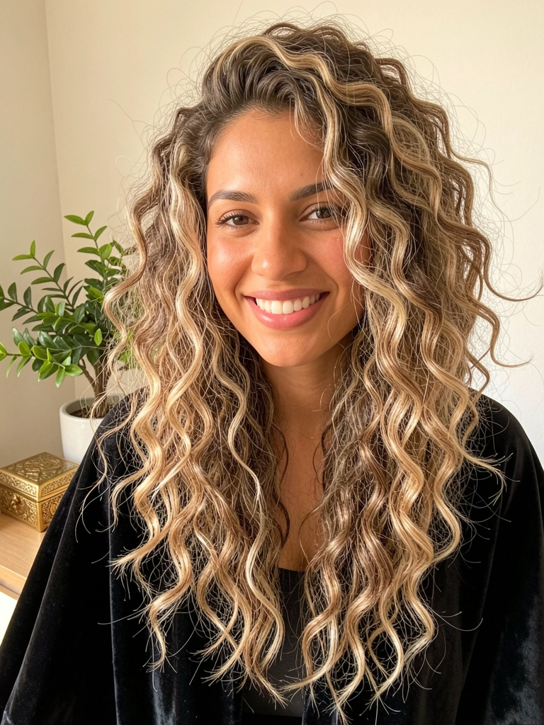 Mulher com cabelo borboleta loiro e castanho, capa escura, vaso com folhas e estojo de joias dourado ao fundo, luz natural.