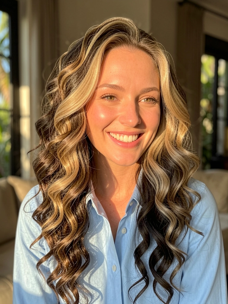 Mulher com cabelo ondulado cacheado loiro e castanho, camisa azul-clara, sorrindo com luz solar natural entrando por janela, interior desfocado e neutro.