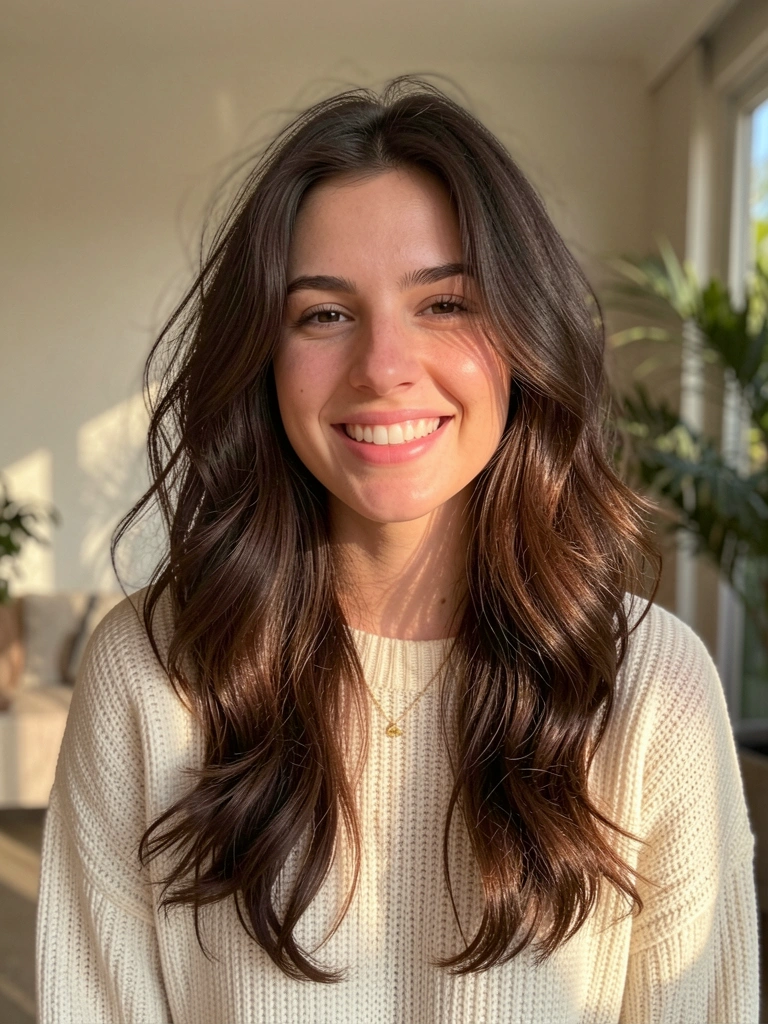 Jovem com cabelo castanho escuro em corte borboleta, suéter creme e sorriso espontâneo à luz natural.