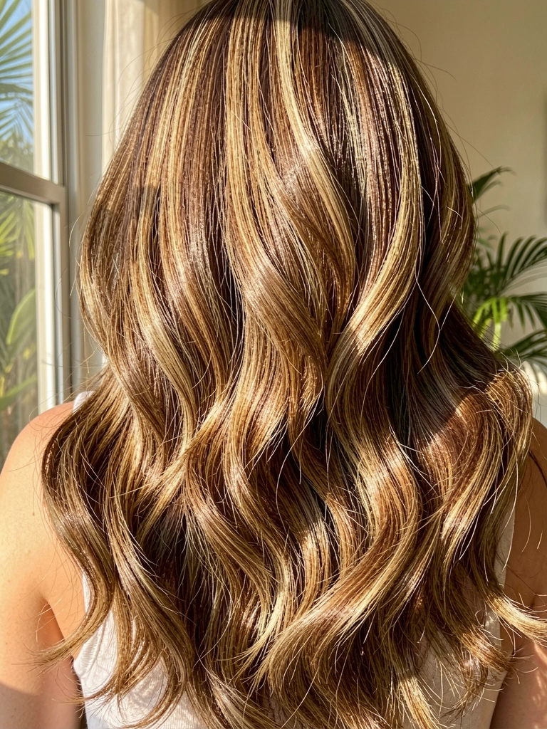 Cabelo castanho e loiro em camadas volumosas com ondas suaves, luz natural realçando brilho e textura.