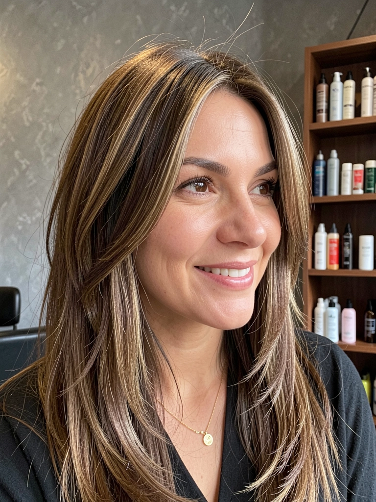 Mulher com cabelo castanho em corte borboleta, sorriso genuíno, colar dourado reflete luz suave, prateleira com produtos ao fundo, parede cinza texturizada.