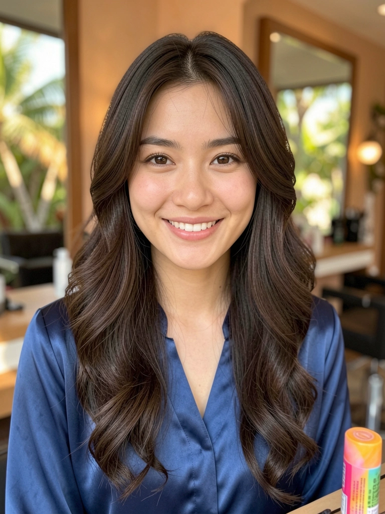 Mulher com cabelo corte borboleta, camisa azul marinho, luz difusa suave e produto cosmético colorido no canto.