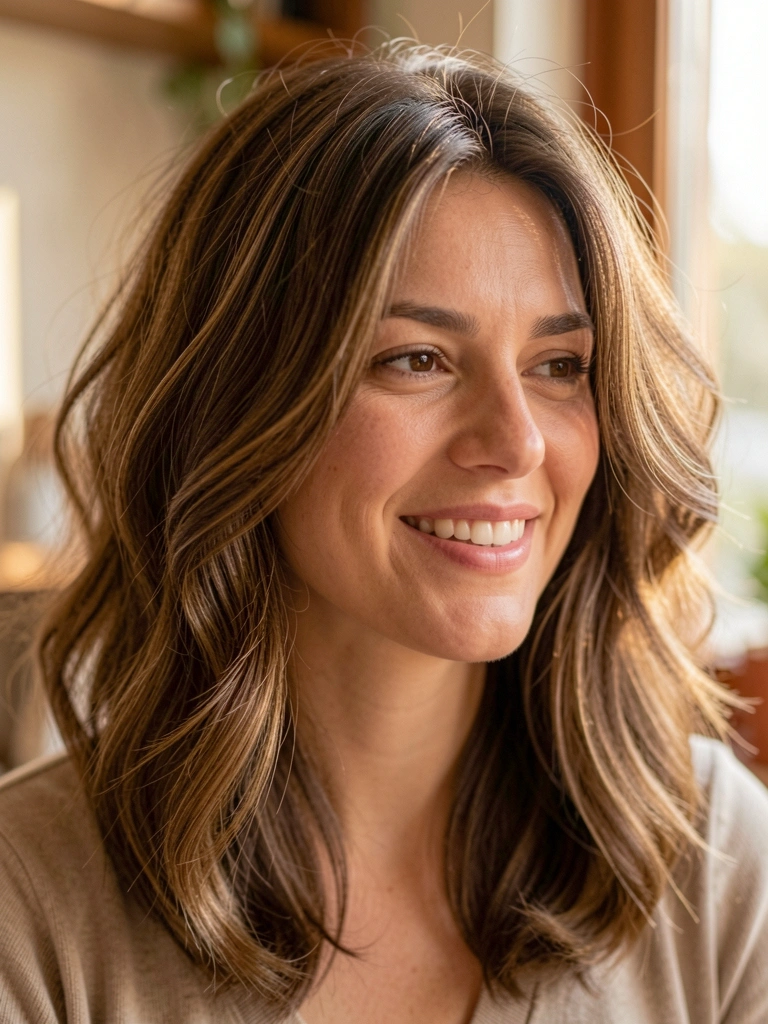 Mulher com cabelo castanho em camadas, ondas soltas e luz natural suave, sorriso genuíno, fundo desfocado.