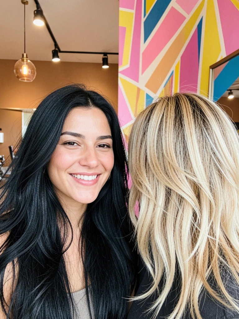 Duas mulheres com cabelos preto e loiro em camadas em um salão moderno com parede geométrica colorida, iluminação natural suave e sorriso genuíno.