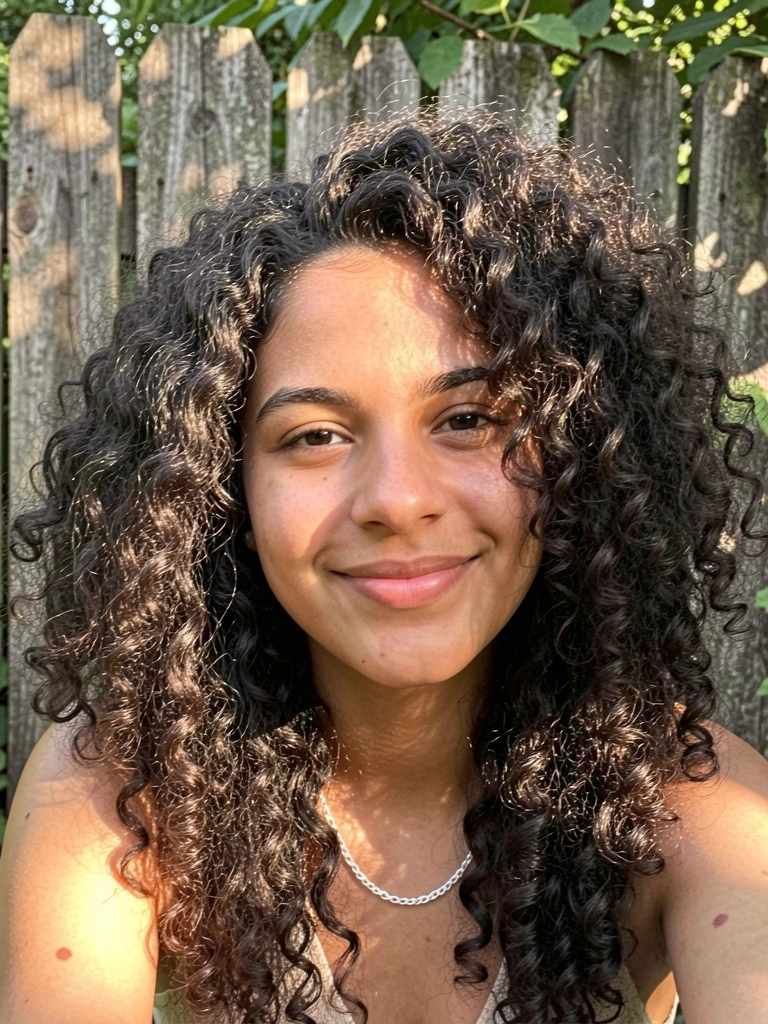 Jovem de cabelos cacheados escuros e sorriso sutil, com colar de corrente branca, iluminada por luz natural contra cerca de madeira desgastada e folhagens.