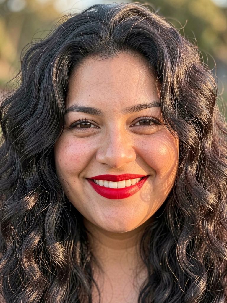 Mulher com cabelos ondulados volumosos e sorriso espontâneo, iluminação natural suave destacando textura realista da pele e batom vermelho.