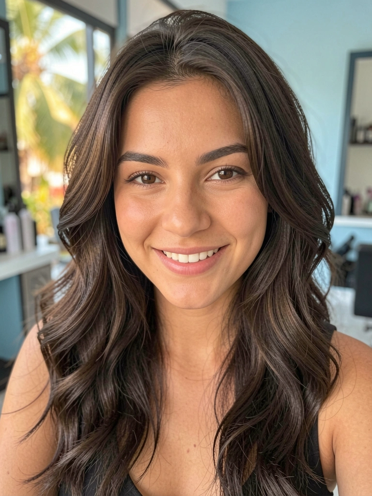 Jovem com cabelos castanhos ondulados em corte butterfly, sorrindo sob luz natural difusa, fundo azul e branco desfocado.
