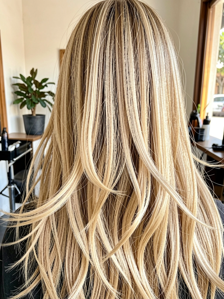 Cabelo feminino longo, loiro e em camadas com volume, textura e movimento, à luz natural de salão profissional, com vaso de planta ao fundo.