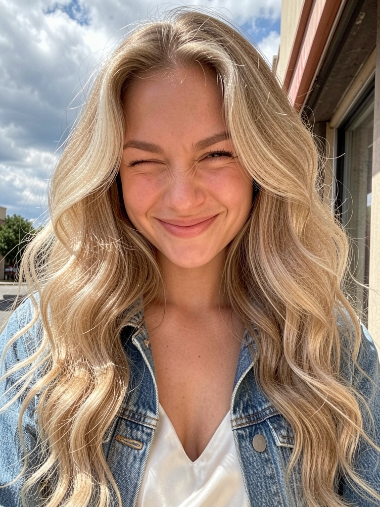 Mulher jovem de cabelo loiro cacheado volumoso, jaqueta jeans e camisola de seda branca, piscando com sorriso genuíno sob luz solar ao ar livre, fundo com fachada e céu nublado.
