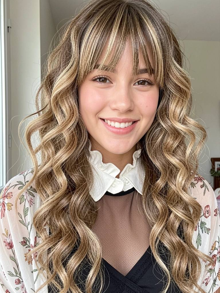 Jovem de cabelos castanhos claros com mechas loiras, ondulados volumosos e franja dramática, usando blusa preta de renda com gola branca e xale floral.