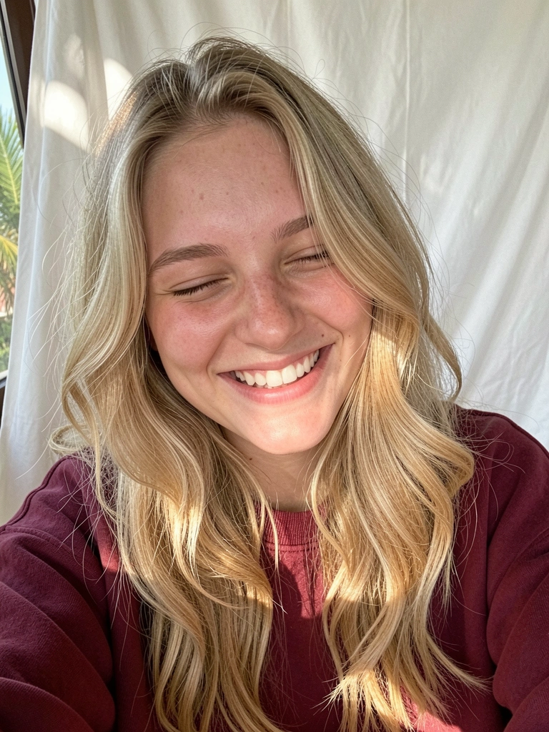 Jovem de cabelo loiro cacheado e sorriso espontâneo, moletom vinho, luz natural difusa e fundo desfocado de lençol branco.