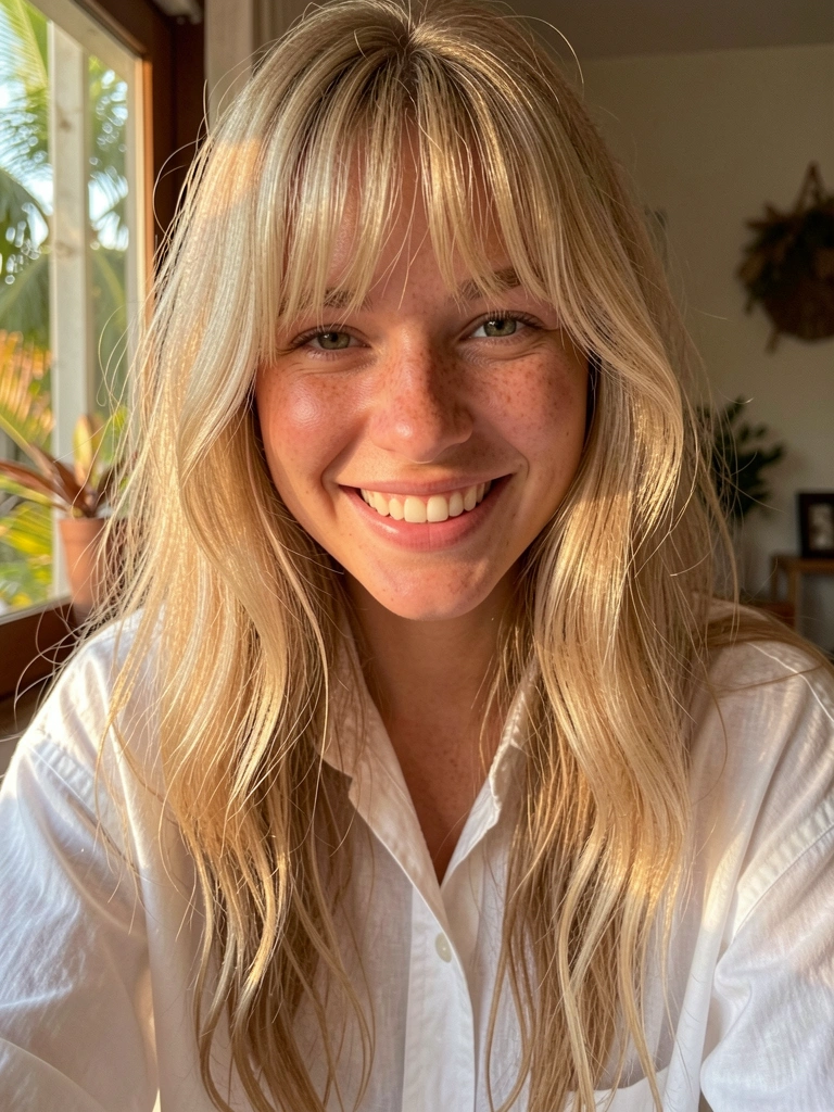 Jovem de cabelo loiro comprido e ondulado com franja longa, sorriso natural, camisa branca ampla, luz do dia suave entrando pela janela, fundo desfocado.