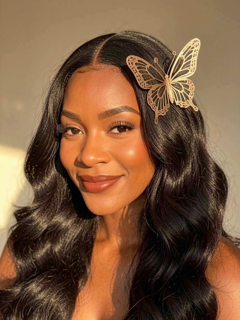 Mulher negra com cabelos ondulados e volumosos, acessório de borboleta prateado delicadamente preso, sorriso sutil, luz suave incidindo sobre fundo bege neutro.