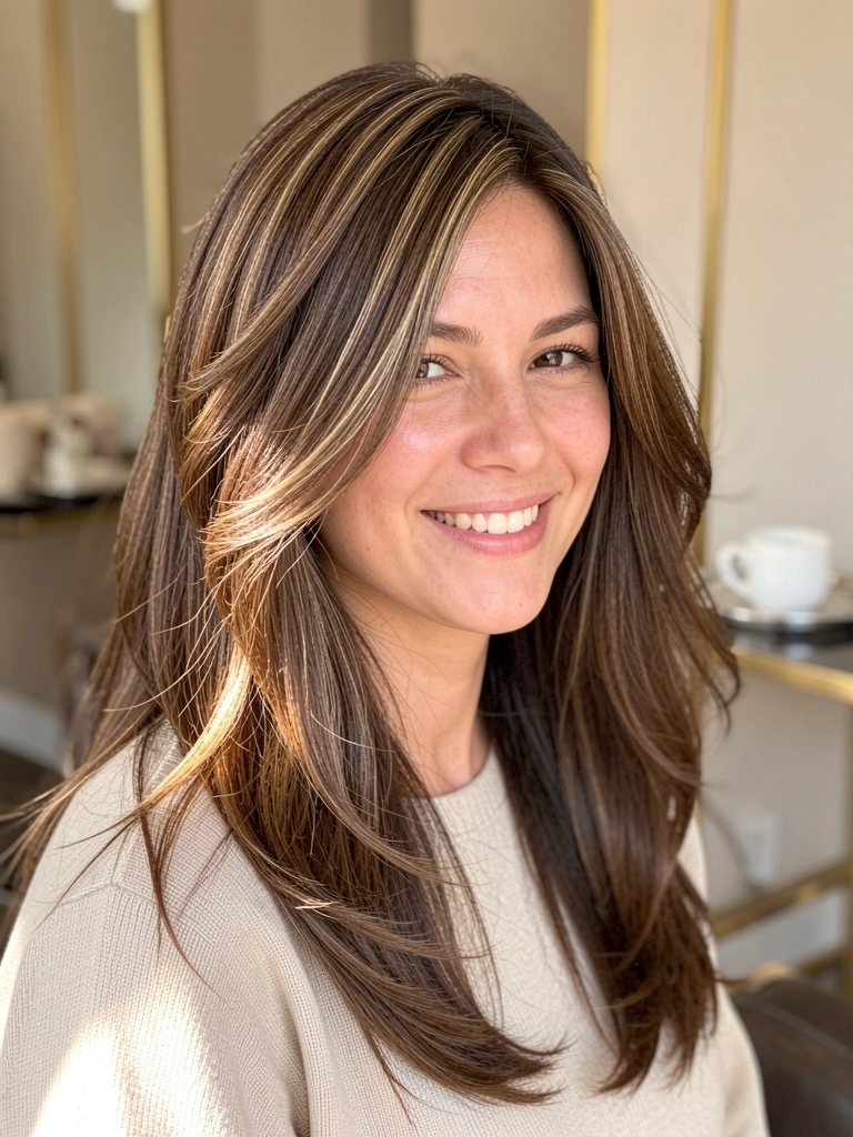Mulher de cabelos castanhos longos e volumosos ao vento, sorrindo, fundo desfocado de salão com xícara branca e bandeja prateada.